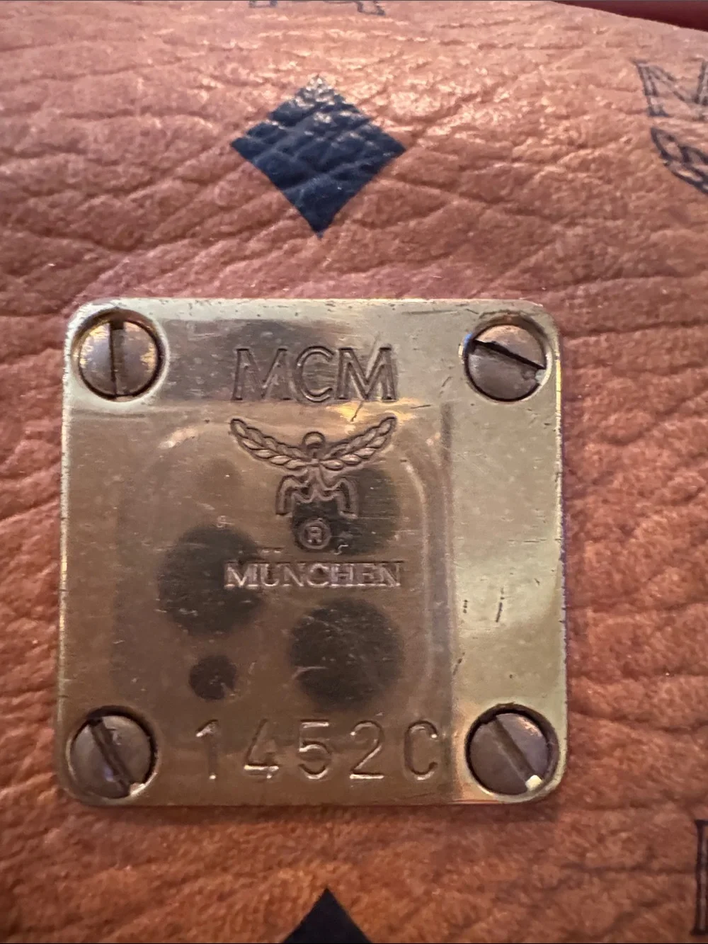 MCM Cognac Monogram Satchel with Dark Brown Handles and Gold Hardware